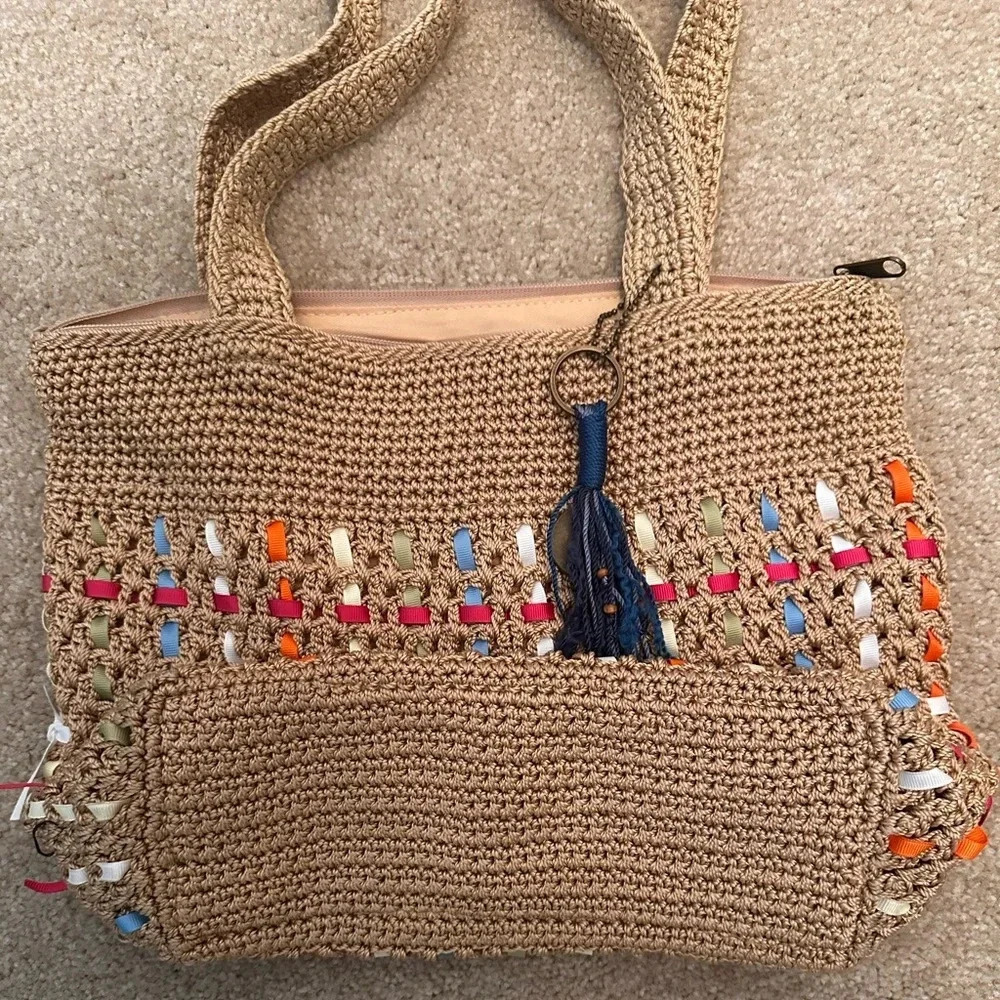 The Sak Y2K 90s Knit Crochet w/ Woven Ribbons Tan & Rainbow Purse. - Picture 5 of 10